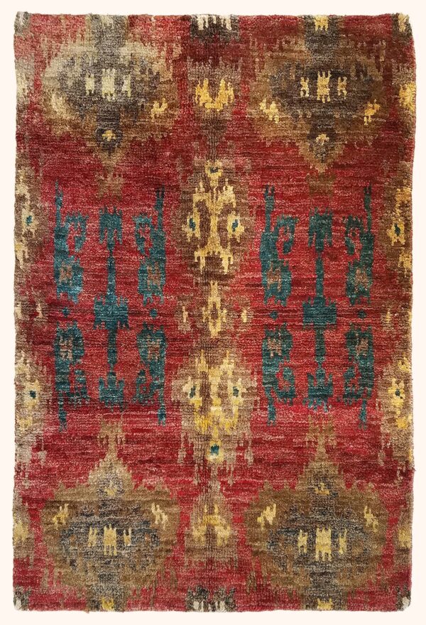 Ikat rug hand-knotted in India with natural hemp yarn.