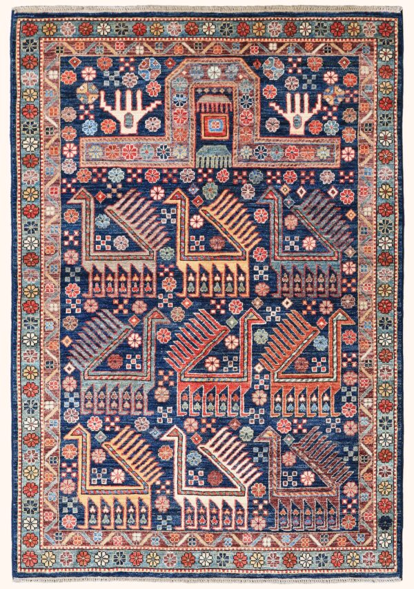 Afghan Akstafa Prayer Kazak rug knotted by hand with hand-spun, vegetable-dyed wool.