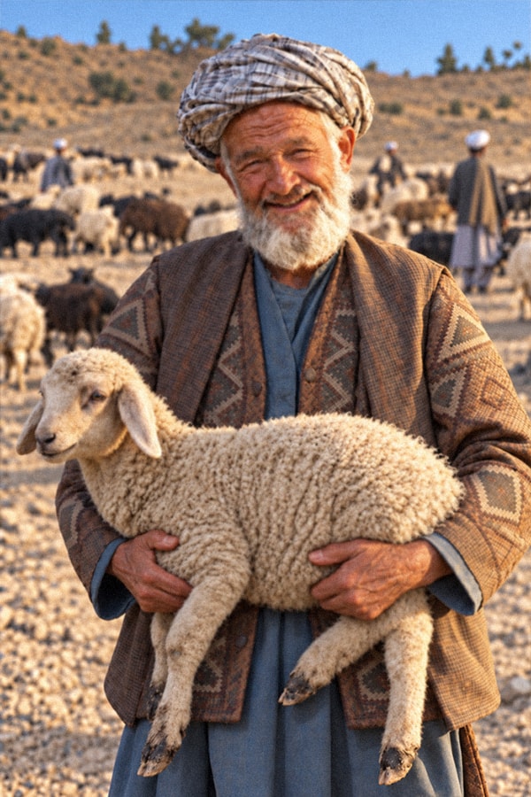 Shepherd in Afghanistan with Karakul lamb
