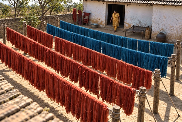 Hanging dyed wool to dry in the sun in India